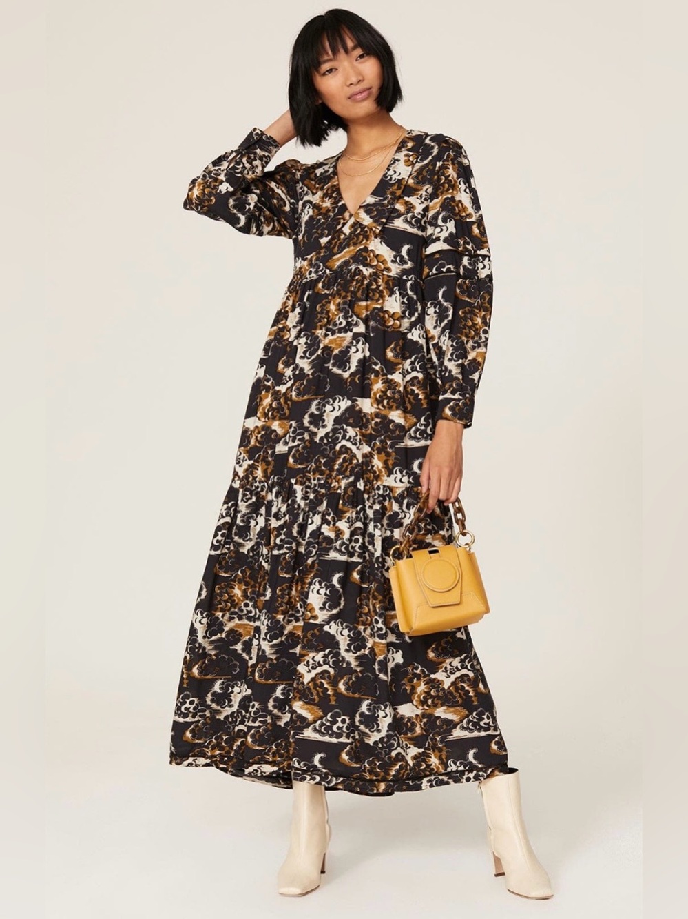 Scotch & Soda~Black, Gold & White Abstract Print V‑Neck Maxi Dress~Size XS~$198~